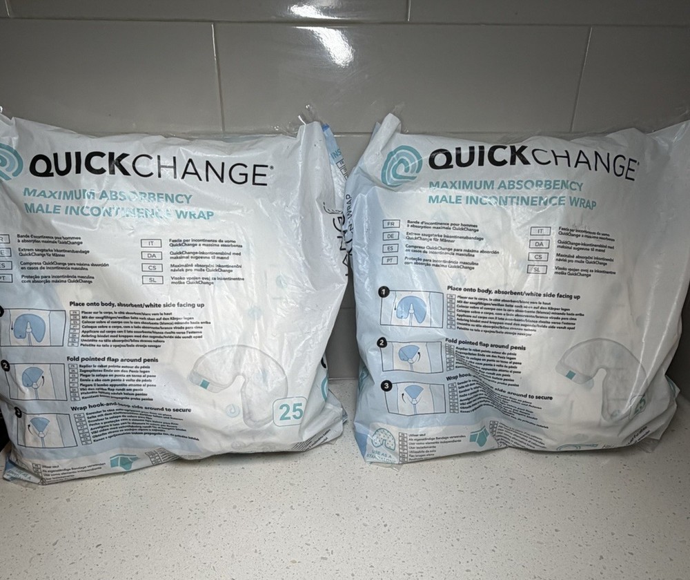 2x Quick Change Bedbound Male Urine incontinence Wrap-25ct Ea Holds 500ml *TWO
