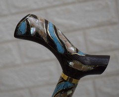 Handcrafted Egyptian Stick, Turquoise & Mother of Pearl Inlaid Wood Walking Cane