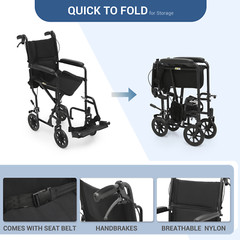 [FDA APPROVED]Foldable Lightweight Transport Wheelchair w/Handbrakes & Seat Belt