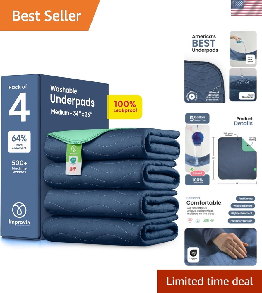 Durable Washable Incontinence Underpads – 34″x36″ Heavy Absorbency, Pack of 4