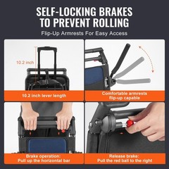 VEVOR Transport Wheelchair Foldable Flip-Up Arms Self-Locking Brakes 220lb