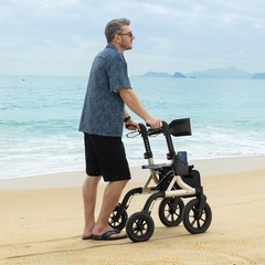 All-Terrain Rollator Walker with Seat, 12″ Rubber Wheels, Backrest, Cup Holder,