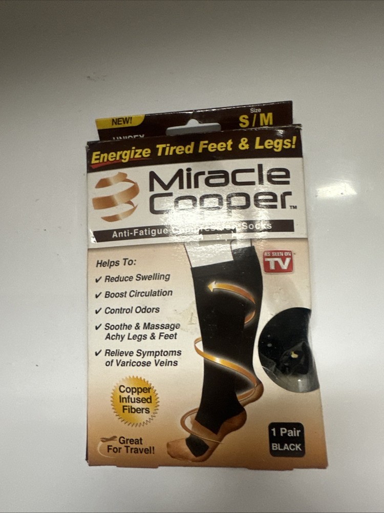 Miracle Copper Anti-Fatigue Compression Socks, S/M, Black, 1 Pair, NIB, Unisex