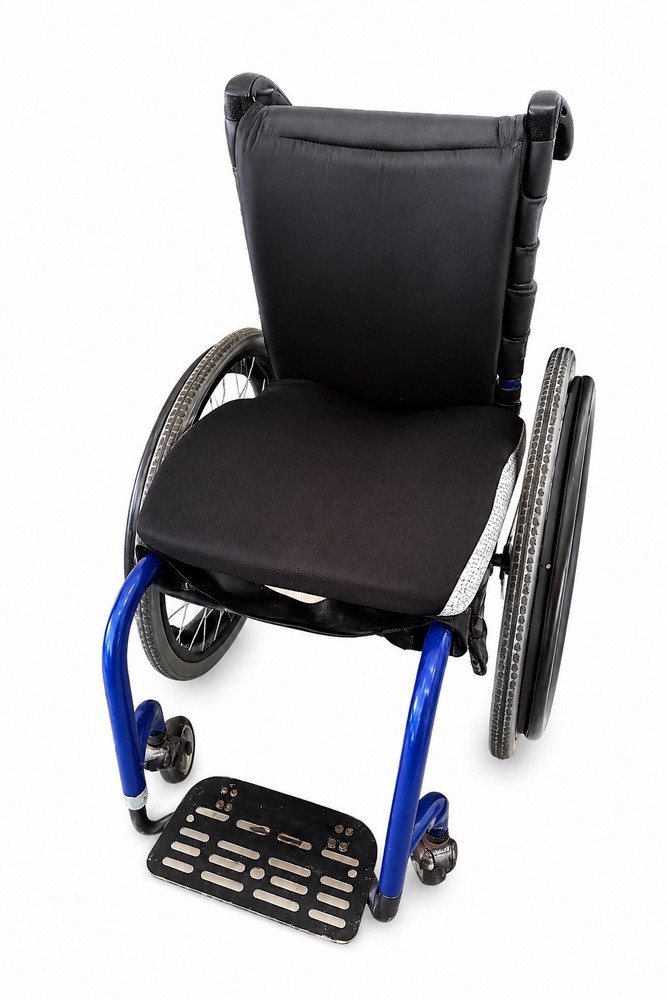 Quickie Manual Wheelchair w/ Padded Armrests, 4 Wheels, Blue & Black