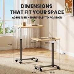 Pneumatic Adjustable Overbed Bedside Table with Wheels 23.62 x 15.75 x 39.37 in