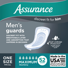 Assurance Men’s Guards, Maximum Absorbency, One Size Fits All, 52 Count