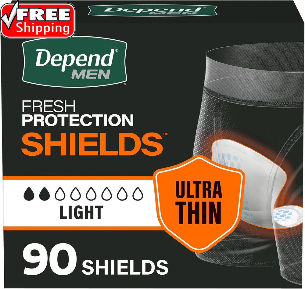 Depend Shields Incontinence Pads for Men, Light Absorbency, 90 Count, Packaging