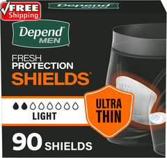 Depend Shields Incontinence Pads for Men, Light Absorbency, 90 Count, Packaging