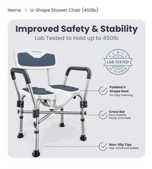 Shower Chair U-Shape Seat (450lb) Dark Blue Heavy Duty – Padded Armrests & Back