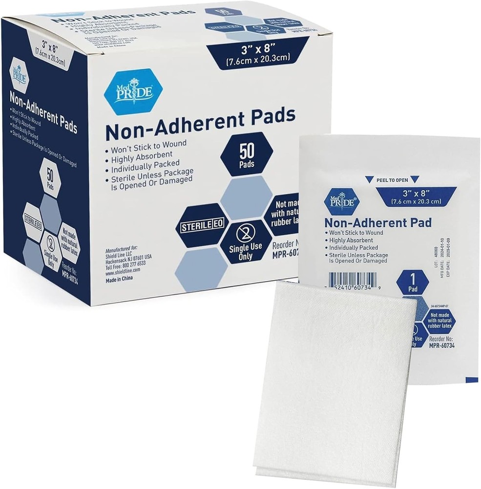 MED PRIDE Sterile Non-Stick Non-Adherent Gauze Wound Dressing Pads 3” x 8” 50 Pk