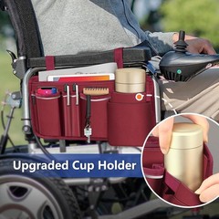 FINPAC Wheelchair Side Storage Bag w/Cup Holder, Armrest Burgundy