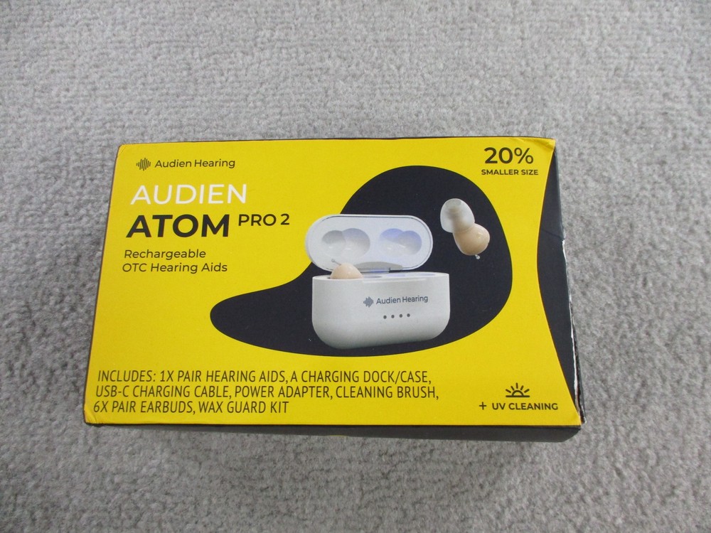 Audien Atom Pro 2 Rechargeable OTC Hearing Aids New Open Box Smaller Size