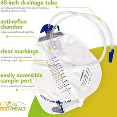 Urinary Drainage Bag 2000mL Vinyl 48″ Tube 2 Pack Anti-Reflux Chambers