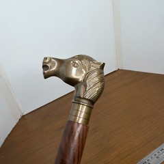 Brass Horse Head Handle Walking Stick Spiral Wood Cane Vintage