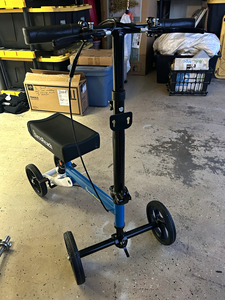 BlessReach 4-Wheel Knee Walker Scooter with Handbrakes, Blue/Black/White