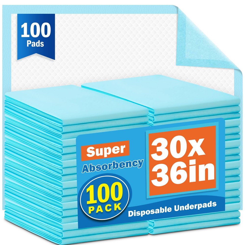 VISRIE 100Pcs 30” x 36”Bed Pads Disposable Adult, 100P, White & Blue