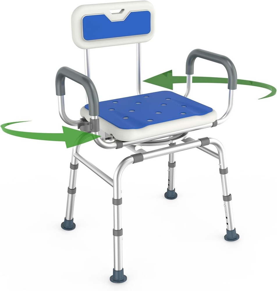 360 ° Swivel Shower Chair with Padded Armrests and Backrest Adjustable Height