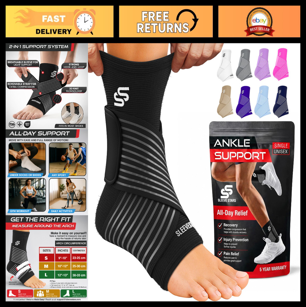 Ankle Brace Compression Sleeve for Sprains & Plantar Fasciitis Relief, Adjustabl