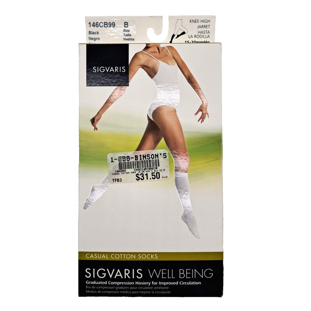 Sigvaris Knee High Casual Cotton Socks Black 146CB99 Womens Size B 15-20 mm-Hg