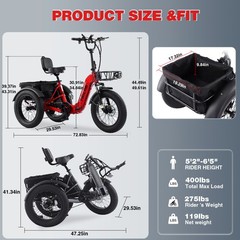 500W 48V Folding Electric Cargo Trike,20″x4″ Fat Tire 3-Wheel,Tricycle for Adult