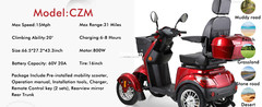 4 Weels Heavy Duty Mobility Scooters 500lbs Capacity 800W 60V20A w/Remote Key