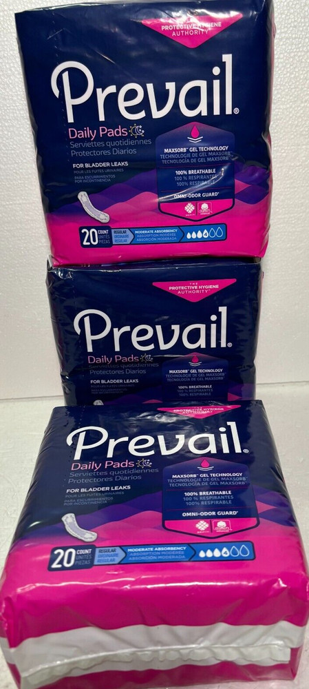 Women’s Prevail Daily #4 Pads for Bladder Leaks 20 count each/LOT OF 3 Regular