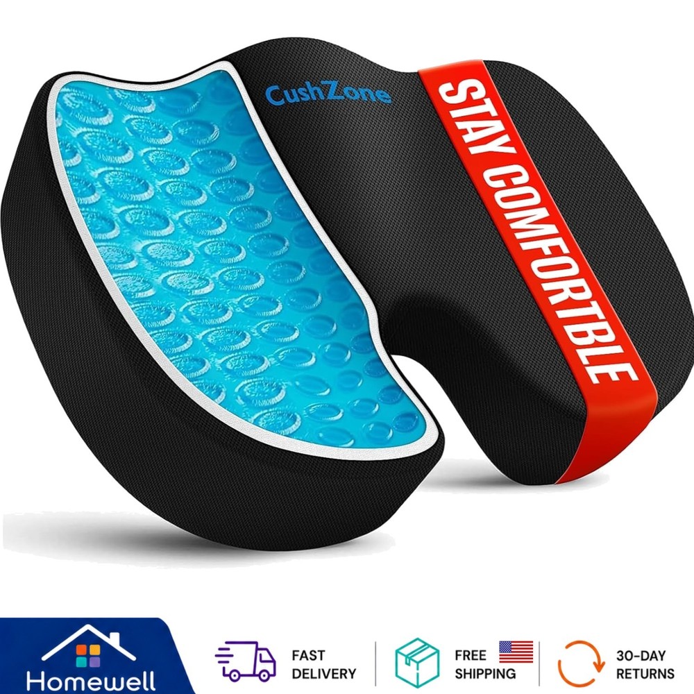 Black Non-Slip Gel Memory Foam Office Chair Cushion for Sciatica Relief – Large