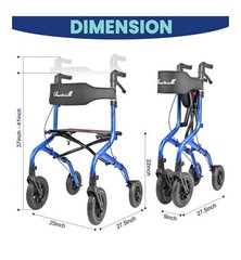 PlanetWalk Super Lightweight Rollator Walker w/Seat Blue, 300lb 10”& 8” Wheel