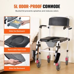 VEVOR Shower Commode Wheelchair with 4 Lockable Wheels Footrests Flip-up Arms