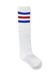 Unisex White Knee High Team Tube Socks One Size White With Blue & Red Stripes