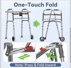 LOYODA Folding Walker w/Tray, 2 Wheels, Adjustable 31-38″.