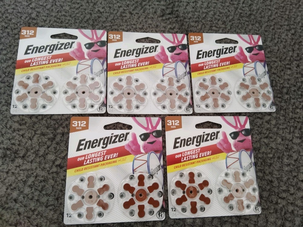 *60 Count* Lot of 5 12-packs ENERGIZER 312 1.45V Hearing Aid Battery Exp 8/2029