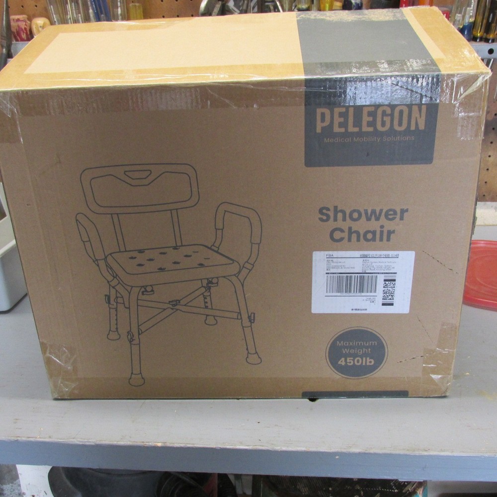 PELEGON Shower Chair 450lb Adjustable. Dark Blue Padding on Arm, Seat & Back.