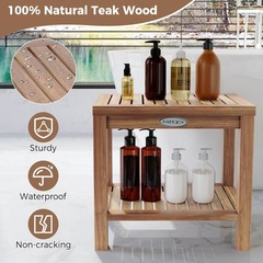 19 Inch Teak Wood Shower Bench Inside Shower Stool with Storage Shelf for Adults