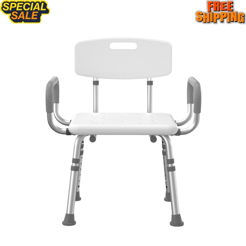 NEW Shower Chair with Arms & Back Height Adjustable Heavy Duty Bath Seat White