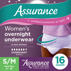 Assurance Women’s Incontinence & Postpartum Underwear, S/M, Overnight 16 Count