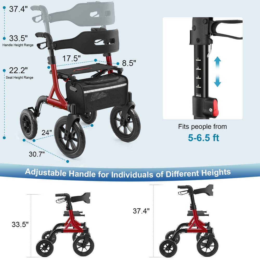 All-Terrain Rollator Walker with Non-Pneumatic Tire 12” Front Rubber Wheels USA