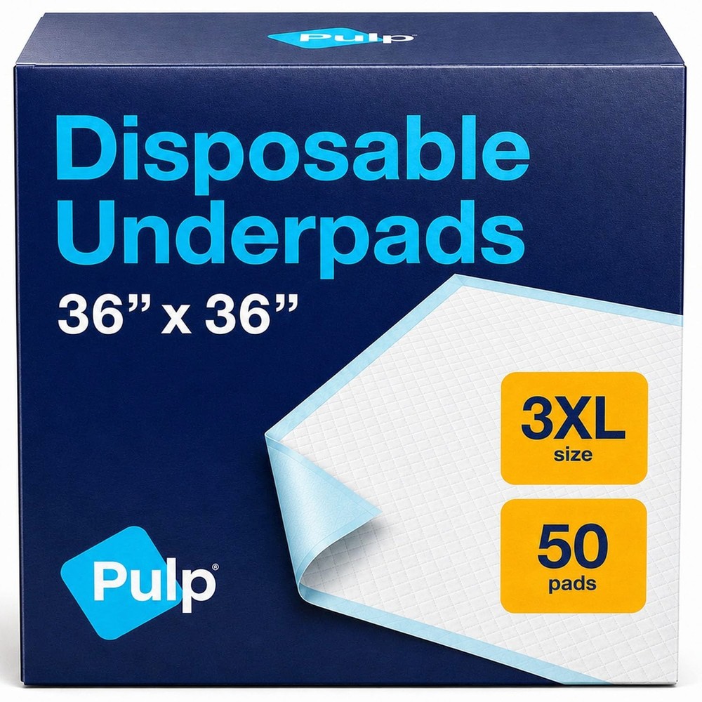 50 PULP Incontinence Underpads 36″x36″ | Disposable Bed Pads for Adults & Kids |