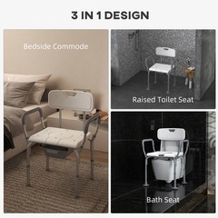 3-in-1 Shower Chair with Back and Arms Height Adjustable Bedside Commode White