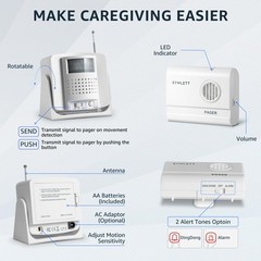 Bed Alarm Caregiver Pager with Wireless Motion Sensor Alarm Indoor Fall Preve…