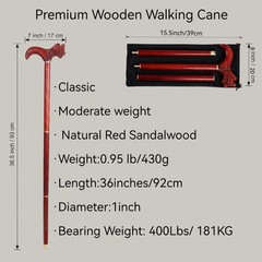 Handcrafted Solid Wood Walking Cane, 3-Section Detachable Brass Joints, Carve…