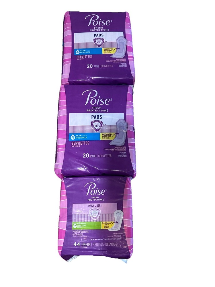 Lot of 3 Poise Pads & Liners Regular Length Very Light & Moderate Absorbency