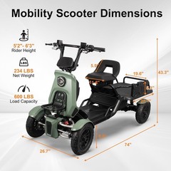 Heavy Duty 4-Wheel Electric Mobility Scooter w/Cargo Platform 1000W 15MPH 600LBS