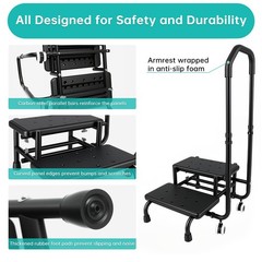2 Step Stool with Handrail & 2 Casters for Elderly, Bed Steps for High Beds f…