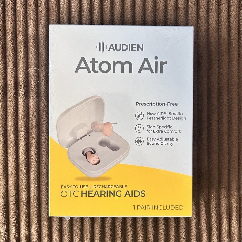 **Audien Hearing Atom Air CIC Rechargeable OTC Hearing Aids Beige w/ Case**