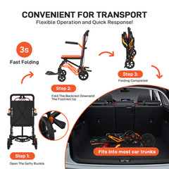 Folding Wheelchair Transport Chair w/ Locking Handbrake & Removable Flip Armrest