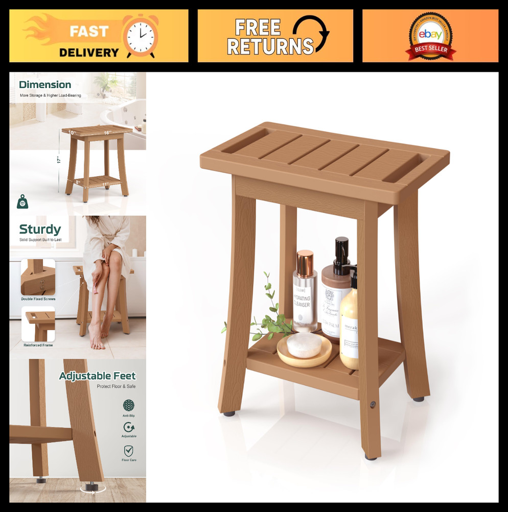 Waterproof Shower Bench Stool with Storage Shelf, Adjustable Feet, Indoor/Outdoo