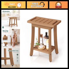 Waterproof Shower Bench Stool with Storage Shelf, Adjustable Feet, Indoor/Outdoo