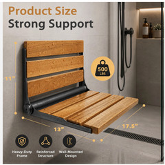 Folding Shower Seat Teak Wood Wall Mount – Black Stainless Steel – 18 inch