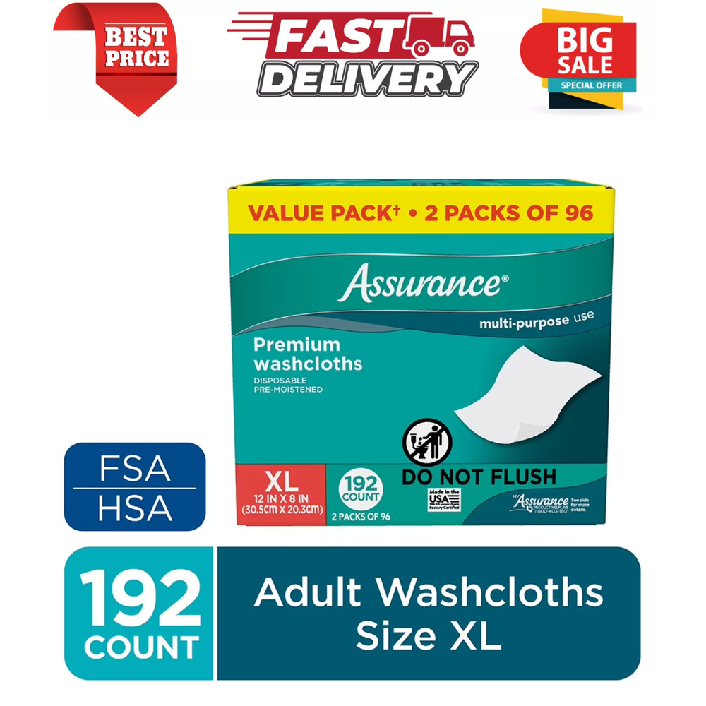 Assurance Premium Disposable Washcloths Pre-Moistened Body Wipes, XL, 192 Ct